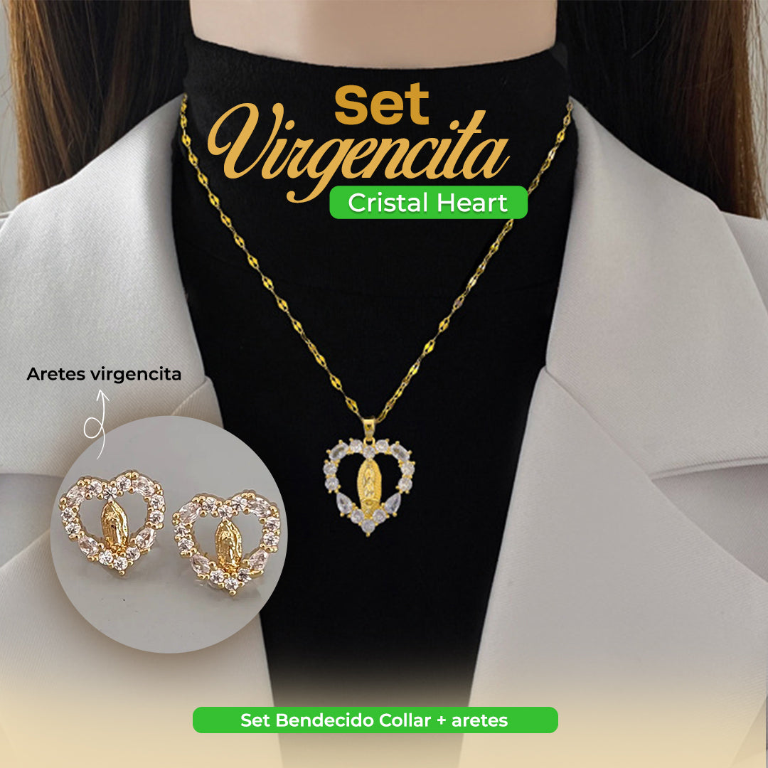 COLECCION EXCLUSIVA! SET DE COLLAR Y ARETES VIRGENCITA CRISTAL HEART